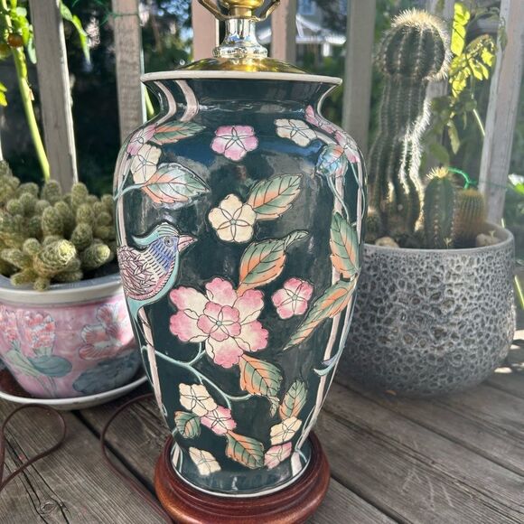 Vintage Chinoiserie Asian Lamp Blue Green Pink Bird Floral 25” Tall - Picture 1 of 16